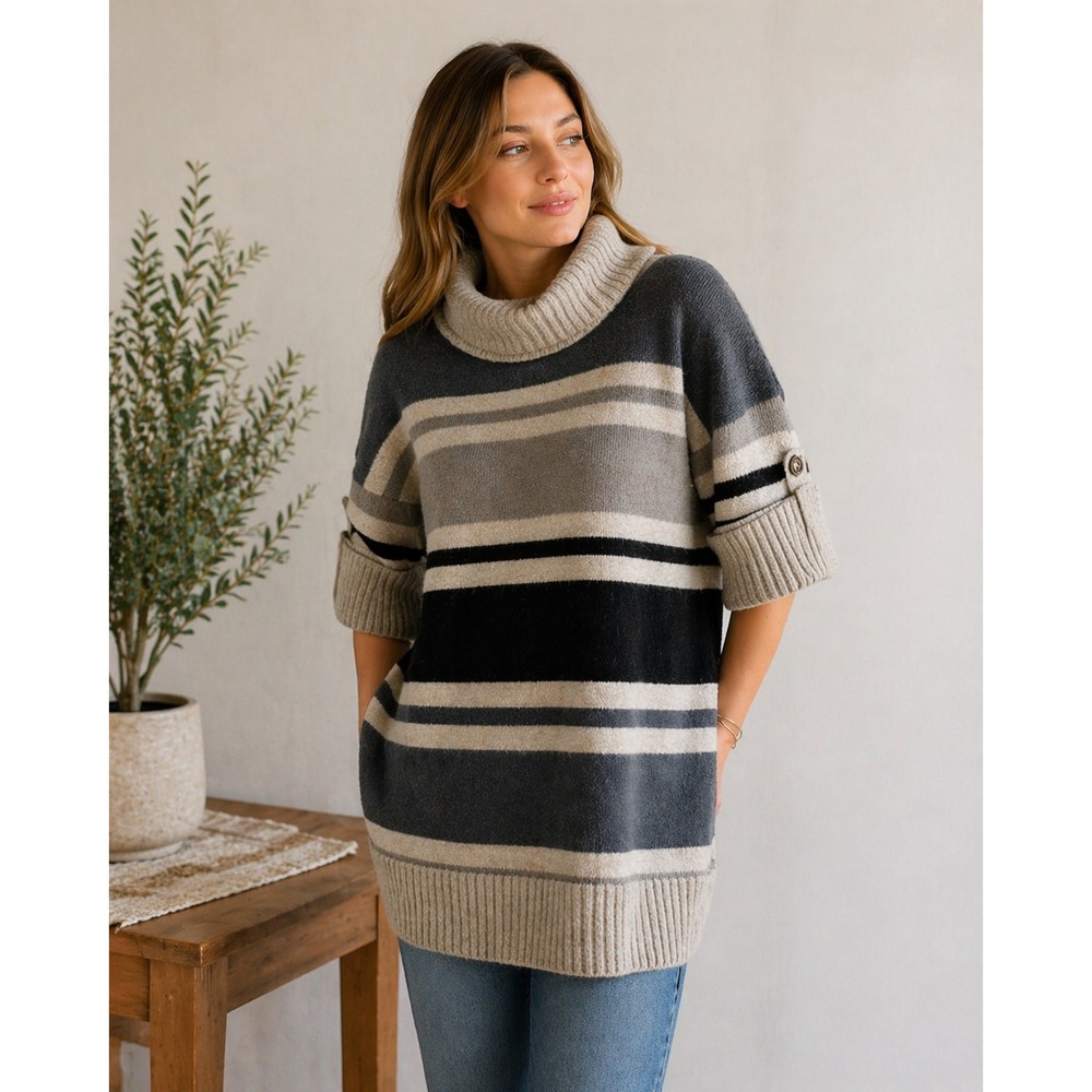 Vintage Kenar Sweater Womens Large Lambswool Angora Cowl Neck Tunic Striped Cozy